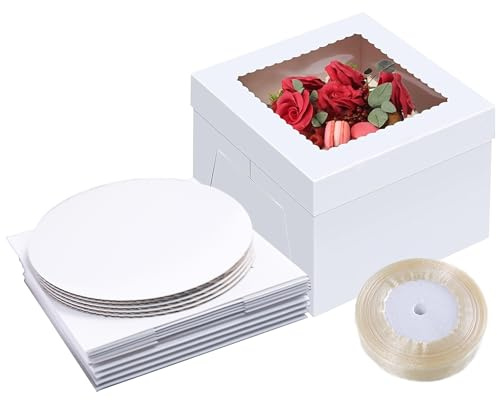 Set di 5 scatoles per torte con cartone – Set di scatole per tortes (5 scatole + nastro per imballaggio da 45 m) – scatola per torte bianca con finestra, 20 cm x 20 cm x 20 cm – adatto per confezioni