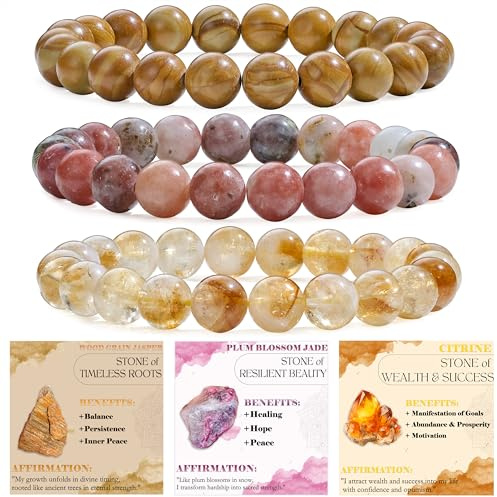 Bivei 3 Piezas 4mm pulseras piedras naturales - Jaspe Madera, Jade Flor de Ciruelo, Citrino - Pulsera Piedras Naturales Mujer Hecha a Mano para Yoga, Meditación y Regalos de Protección