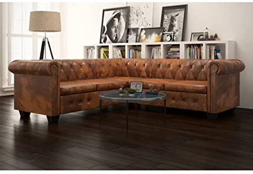 Massbinet Chesterfield Ecksofa 5 Sitzer Vintage Echtleder Couch Bürosofa Polstermöbel Kunstleder Braun