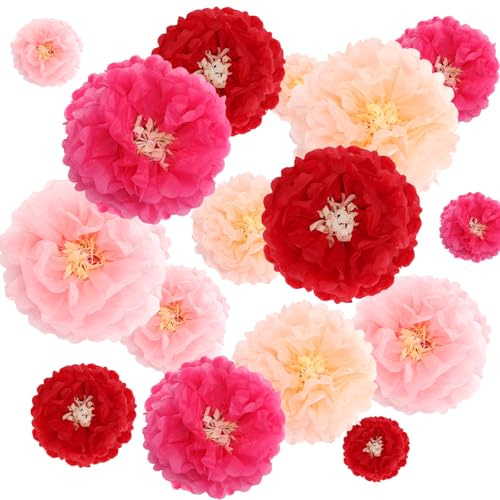 LOLANIUT Pompon Decorativi 16 Pezzi Fiori di Carta Rosa Pastello, Fiori da Appendere in Carta Velina, Pompon per Decorazioni Festa in Giardino, Matrimonio, Compleanno, Baby Shower