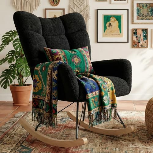 Clevich Fauteuil à Bascule Allaitement Scandinave, Rocking Chair Confortable avec Velours Teddy, Pieds en Bois et Métal, pour Salon, Chambre d'enfants, Chambre, Jusqu'à 136kg, Noir