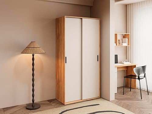 Meyvaser.com Ecommerce Company Armario Ropero con 2 Puertas Correderas Mauvella Beige – 200x100x50 cm – Mueble Auxiliar de Dormitorio Moderno con Baldas y Barra para Colgar