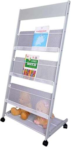 Vertikalt tidningsställ med hjul, kataloghylla for flygblad for hemmakontoret, bärbart ställ for filvisning i metall(Bianco)