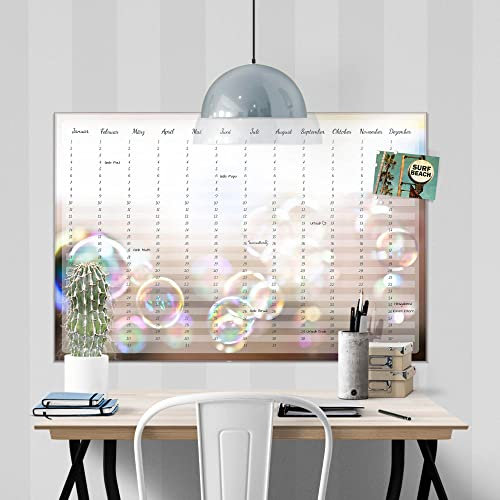 banjado® Wandkalender abwischbar aus Glas 60x40 cm/Jahresplaner abwischbar mit Motiv Seifenblasen Traum/langlebiger Jahreskalender, Urlaubsplaner & Familienplaner abwischbar