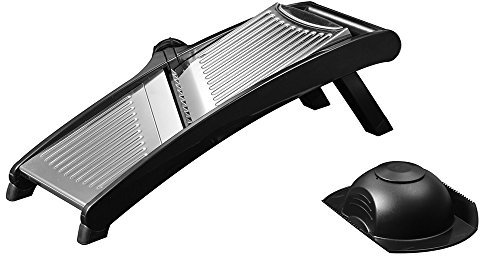 Professional Chef Mandolina in Acciaio Inox Affettaverdure Affettatrice julienne ATTENZIONE manopola con sistema sicurezza, PREMERE per CAMBIARE la modalità. completa di tampone salvadita
