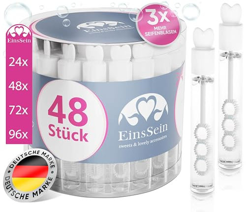 EinsSein Seifenblasen Hochzeit Lovegläschen Set weiß 48 Stück | Gastgeschenke für Hochzeit Taufe Geburtstag Verlobung | Keine Flecken auf Kleidung | Mini Hochzeitsseifenblasen Herz Herzgriff