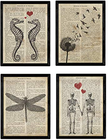 Nacnic Set 4 Láminas con Definiciones y Textos Vintage | Dibujo Caballito de Mar, Diente de León, Libélula y Pareja de Esqueletos | Tamaño A4