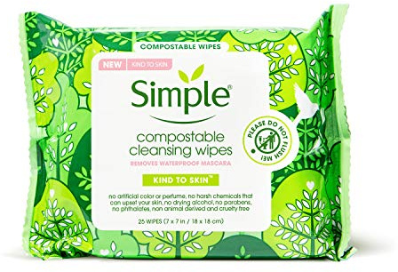 Simple Compostable Facial Cleansing Wipes for Removing Makeup - Kind to Skin, No Artificial Perfume or Color, Paraben & Phthalate Free - 25 Wipes
