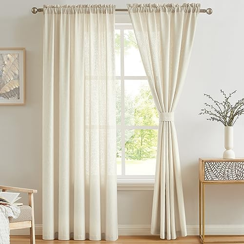 Melodieux Cortinas Visillos Beige para Dormitorio Cortinas Translúcidas Salón 2 Piezas, 140x137cm