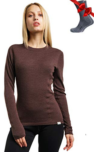 Merino.tech 100% Chemise Femme Laine Merinos + Chaussettes | Sous Couche Merinos Léger, Moyen, Épais, Respirant, Anti-Odeur Naturel, Idéal pour la Randonnée, Ski, Voyage, Non-Irritant