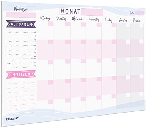 PACKLIST Monatsplaner Block A4 ohne Festes Datum. Terminplaner, Familienplaner mit Monatsziel, To-Do-Liste, Notizen, großem Notizfeld - Exklusive Kalender mit ECO-Verpackung