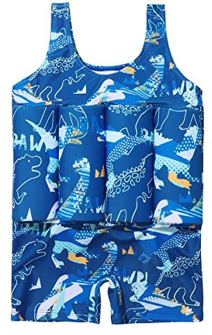 Kids Boys Girls One Piece Floatation Swimsuit with Adjustable Buoyancy Toddler Floating Swimsuit Baby Float Suit Swim Vest Swimwear Life Jacket Summer Training Bathing Suit Blue Dinosaur 18-24 Months