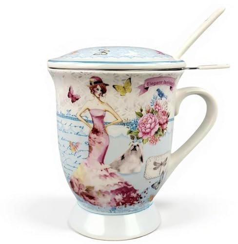 Vintage Keramik Teetasse mit Sieb, Löffel und Deckel, Becher Tasse Teetasse Kaffeebecher aus Porzellan, Teatime für Losen Tee (Fräulein)