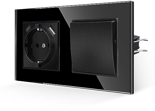JIMEIDA Interruptor de luz con toma de corriente en negro, 16 A, toma de cristal con carga rápida USB y puerto tipo C, toma de corriente de pared empotrable, 157 x 86 mm, 250 V