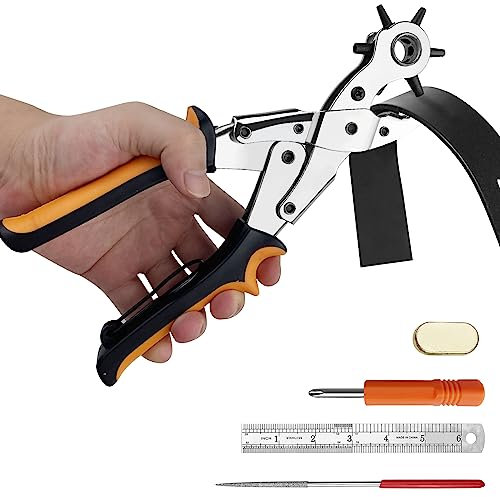 Fousenuk Pinza Fustellatrice per Cinture, Testa Girevole con 6 Fori Intercambiabili Foratrice di Pelle Cuoio, Carte, Cinturini Orologi, Cartone