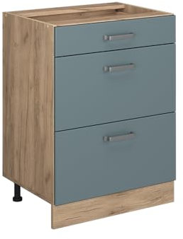 Vicco Küchenunterschrank R-Line, Blau-Grau/Goldkraft Eiche, 60 cm mit Schubladen, ohne Arbeitsplatte