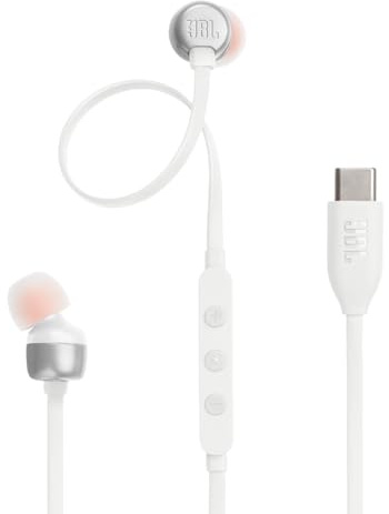 JBL Tune 310C - Auriculares intraurales con Cable de Alta resolución, Cable Plano sin enredos, Control Remoto de 3 Botones con micrófono (Blanco)