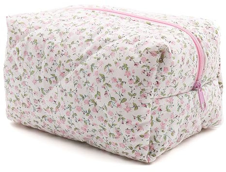 Gesteppte Kosmetiktasche mit Blumenmuster Puffy großem Fassungsvermögen Make-up-Tasche aus weichem Baumwollmaterial für Make-up-Pinsel und Beauty-Utensilien,pink floral