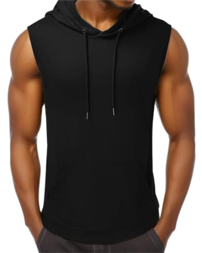 Beokeuioe T-shirt d'entraînement pour homme - Sweat à capuche sans manches - Sweat à capuche - Débardeur de sport - Avec poches pour téléphone portable - T-shirt de course - Bodybuilding, Noir , L
