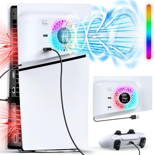 FASTSNAIL RGB Cooling Fan with Plate Cover for PS5 Slim Digital/Disc, Auto Speed Adjustable by Temperature Sensor, 3 Fan Speed Manual & USB3.0 Hubs, Cooler System Accessories for PS5 Slim Console