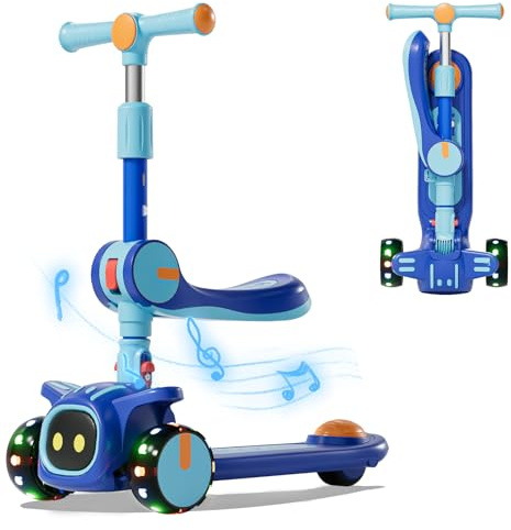 3 Wheel Scooter for Kids - Foldable & Unbreakable, 2-in-1 Kick Scooter with Music and Lights, Adjustable Height, Wide Deck, Flashing Wheel Lights, Easy for Beginner Toddlers Aged 3-8