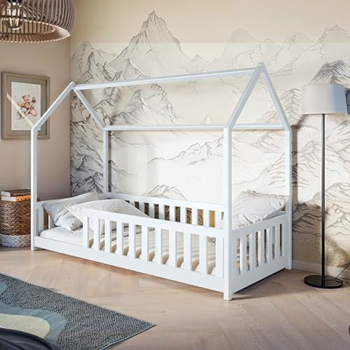 Kids Collective Kinderbett Hausbett Bodenbett 90x200 cm Bett mit Rausfallschutz & Lattenrost Montessori Bett Bed Gitterbett Kinder Jugendbett Einzelbett weiß | von 4. bis 18. Lebensjahr