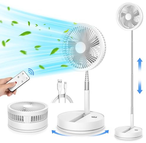 Oscillant Ventilateur sur Pied Portable Silencieux avec Télécommande, 9'' Pliable Sol/Table Basse Consommation Ventilateurs 4 Modes/Timer, 7200mAh USB Rechargeable Piédestal Fan pour Chambre Bureau