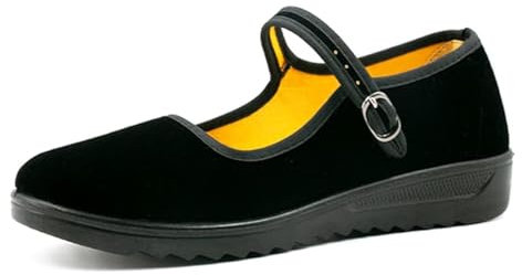 AioTio Updated Women's Velvet Mary Jane Shoes Black Cottton Old Beijing Cloth Flats Yoga Exercise Dance Shoes Simple Adjustment Buckle(5.5UK 245MM)