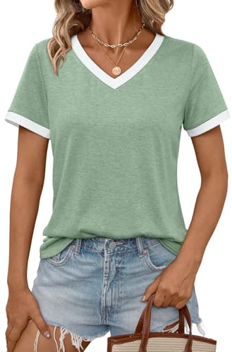 AUTOMET Womens Summer Tops Short Sleeve T-Shirts Spring Fashion Clothes Casual Soft Tunic V Neck Basic Tees Workout Outfits 2026 Green L