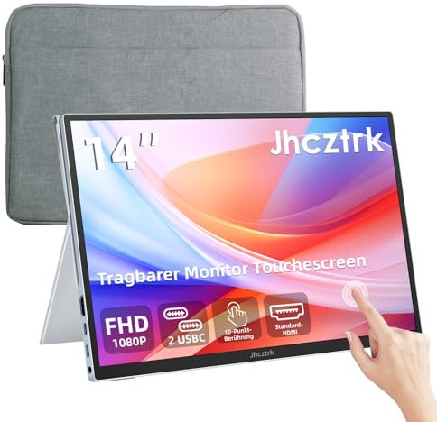 Jhcztrk Touchscreen tragbarer Monitor 14 Zoll IPS Slim Travel Screen FHD 1200P HDR FreeSync Bezel Less USB-C Computer Monitor mit Cover Stand und Lautsprechern für Laptop PC Mac Surface PS4/5 Xbox
