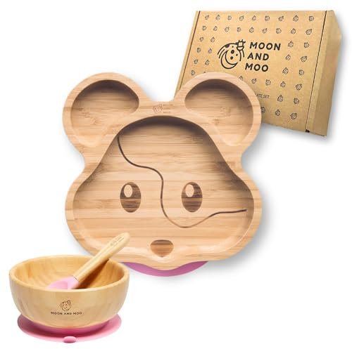 Moon and Moo Bamboo Suction Mouse Plate & Bowl Set - Perfect Baby Gifts, Eco-Friendly Weaning Set with Powerful Silicone Suction Base, Divided Portion Plate (Pink)