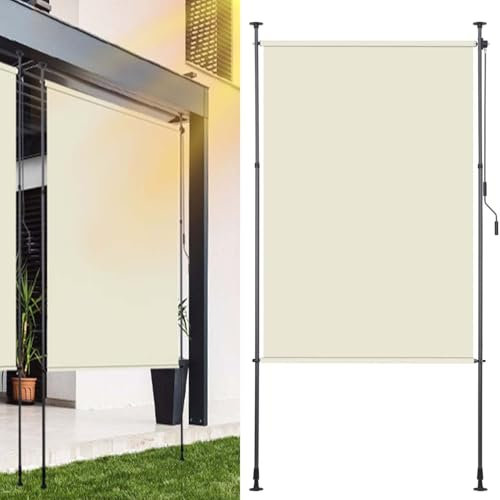 Ollewiellan Klemmmarkise Senkrechtmarkise außen 150x270cm | Vertikalmarkise mit Handkurbel ohne Bohren | Balkon-Sichtschutz & Windschutz für Garten & Terrasse, Beige