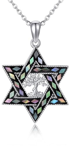 DAYLINLOVE Cadena de estrella de David, plata de ley 925, árbol de la vida, concha de abulón, colgante hexagonal, estrella judía, joyas religiosas, regalos para hombres, mujeres, niñas, Plata