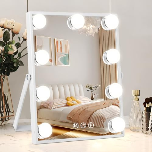 Genérico Hollywood Espejo Maquillaje Grande con Luz, Espejo de Maquillaje con 9 Bombillas LED en 3 Modos, Rotación de 360°, con Aumento 10X, Luz Ajustable, Control Tactíl, Enchufar