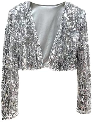 Generisch Mujer Chaquetas Casual Chaqueta Ligera Frente Abierto Blusa Para Primavera-Verano Trajes Con Rhinestone, plata, M