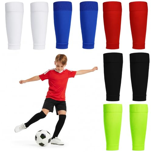 RQcMid Fußball Stutzen Kinder, 5 Paar Fußballstutzen für Jungen, Atmungsaktive Fußballsocken Kinder, 31 cm Länge, Schwarz Weiß Rot Dunkelblau Neon-Grün
