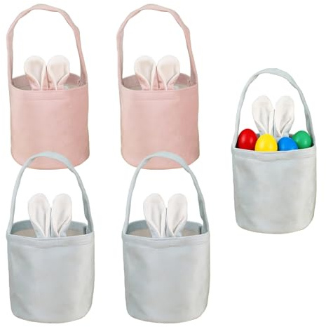LZPLJLWS Cestini pasquali Bambini 4 Pezzi Borsa Pasqua con Manico 13x14,5 cm Colori Rosa e Azzurro per Caccia alle Uova, Regali, Dolci e Decorazioni riutilizzabili per Feste Primaverili