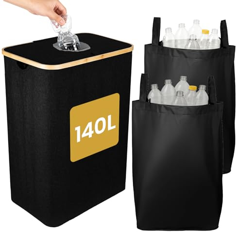 GREENSAPPIRE 140L Bottle Recycling Bin with Lid, Large Deposit Bottle Storage Box with Silicone Drop-In Hole, Double Removable Laundry Bags, Heavy-Duty Oxford Fabric Bottles Collector for Home