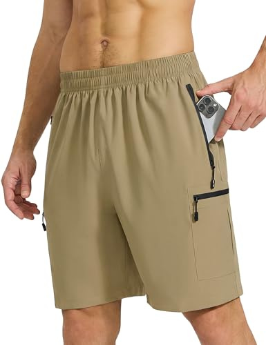 ZENGVEE Men's Running Gym Sports Training Shorts with Zip Pockets Kh-XL