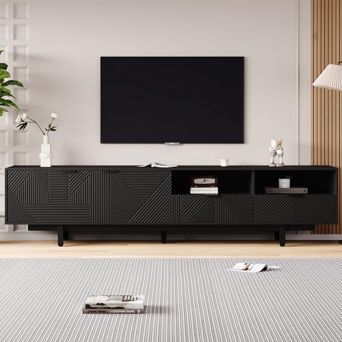 FammyLoft 200cm TV Unit, Modern Bohemian TV Stand Unit with 2 Drawers and 2 Doors, Geometric Lines Entertainment Unit for Living Room, Multiple Storage Spaces, Black