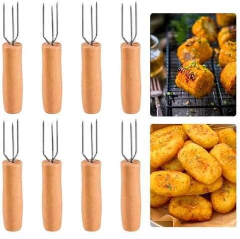 Set di 8 forchette per patate, portatili, con 3 denti in acciaio inox e manico in legno di faggio, riutilizzabile, per campeggio, escursionismo