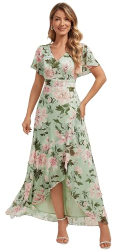 Ever-Pretty Abiti da Damigella Collo a V Maniche Corte Chiffon High Low Sbordi Asimmetrici Fiore Verde 44
