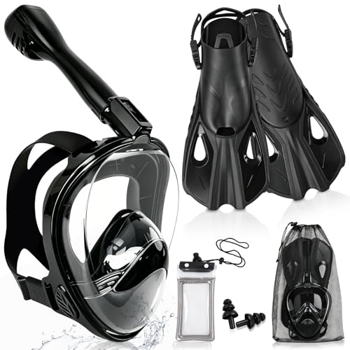YYSWSAKY Kit de Plongée Adulte, 180° Vue Panoramique, Masque de Plongée Intégrale, CO2 Sûre, Anti-Buée, avec Palmes Plongée Reglable, Support de Caméra, Pochette Étanche pour Téléphone Portable