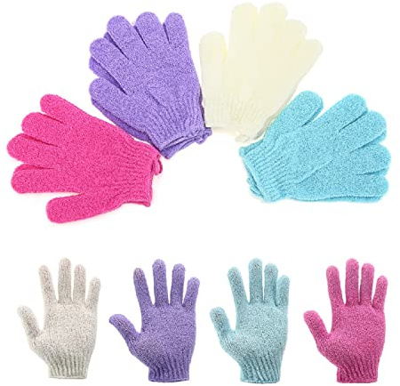 Exfoliating Shower Bath Gloves【4 Pair】 Double Side Durable Nylon Shower Gloves Body Scrub Exfoliator & Bathing Accessories for Men,Women & Kids Bath Scrubber for Acne & Dead Cell