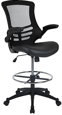 Flash Furniture Kelista Mid-Back Swivel Office Chair with Adjustable LeatherSoft Seat Height, Ergonomic Mesh Chair with Flip-Up Arms, Black
