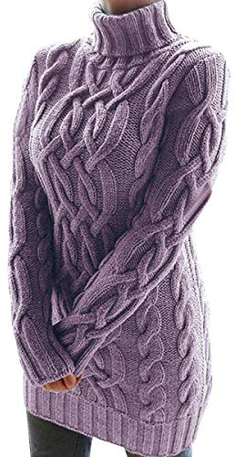 Robe-Pull Col Roulé Femme Grosse Maille Jacquard Long Oversize Tricot Pullover Chandail Sweater Grande Taille Epais Violet S