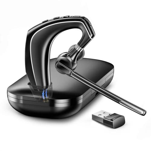 Bluetooth Headset V5.1, EKVANBEL Wireless Headset with 500mAh Charging Case, Bluetooth Earpiece with Noise Canceling Mic for Driving and Office. (USB-A Bluetooth Adapter Included)