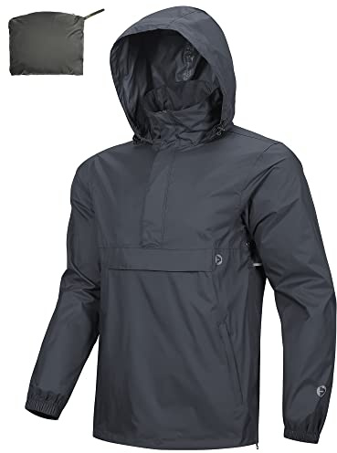 Outdoor Ventures Men's Waterproof Rain Jacket Packable Hooded Pullover | Stowaway Hood, Taped Seams, Reflective, Breathable, Windproof, Lightweight, Side Zipper, for Hiking Camping Traveling Cycling