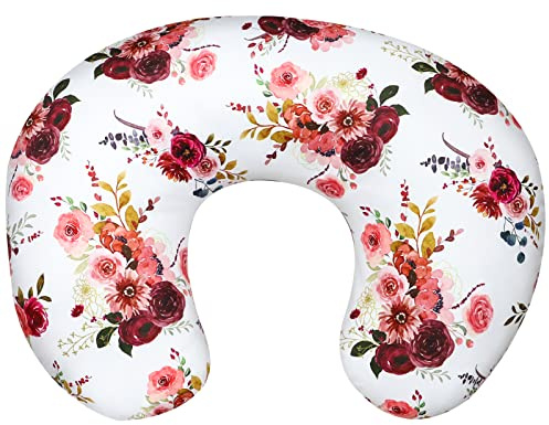 Housse de coussin d'allaitement florale pour bébé fille, housse de coussin d'allaitement bio douce, housse de coussin d'allaitement pour nouveau-né, fleur aquarelle bordeaux