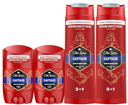 Old Spice Captain Desodorante En Barra Para Hombres 2x50ml + Gel Y Champú Para Hombres, 3 En 1 2x400ml, Fresco 24 Horas, Todos Los Días Con Uso Diario, Perfume Duradero, Fragancia Excepcional